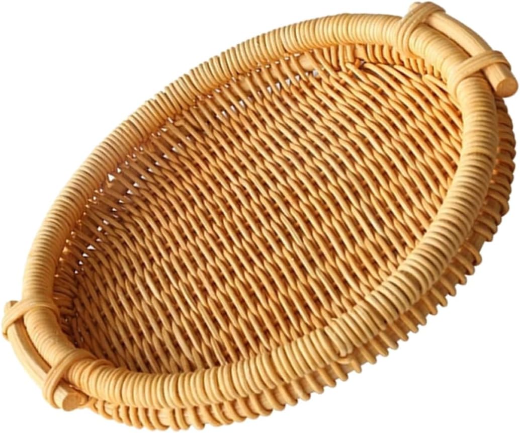 Hand Woven round Rattan Bread Basket Tray for Snacks Serving