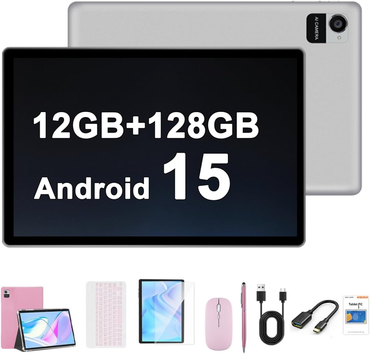 Crelander 10.1 Inch Android 15 Tablet, 12 GB + 128 GB Android Tablet, 8000 mAh Battery, 1280 x 800 Touchscreen, 5G Bluetooth/WiFi, Bundle with Case, Keyboard, Mouse & Stylus (Pink)