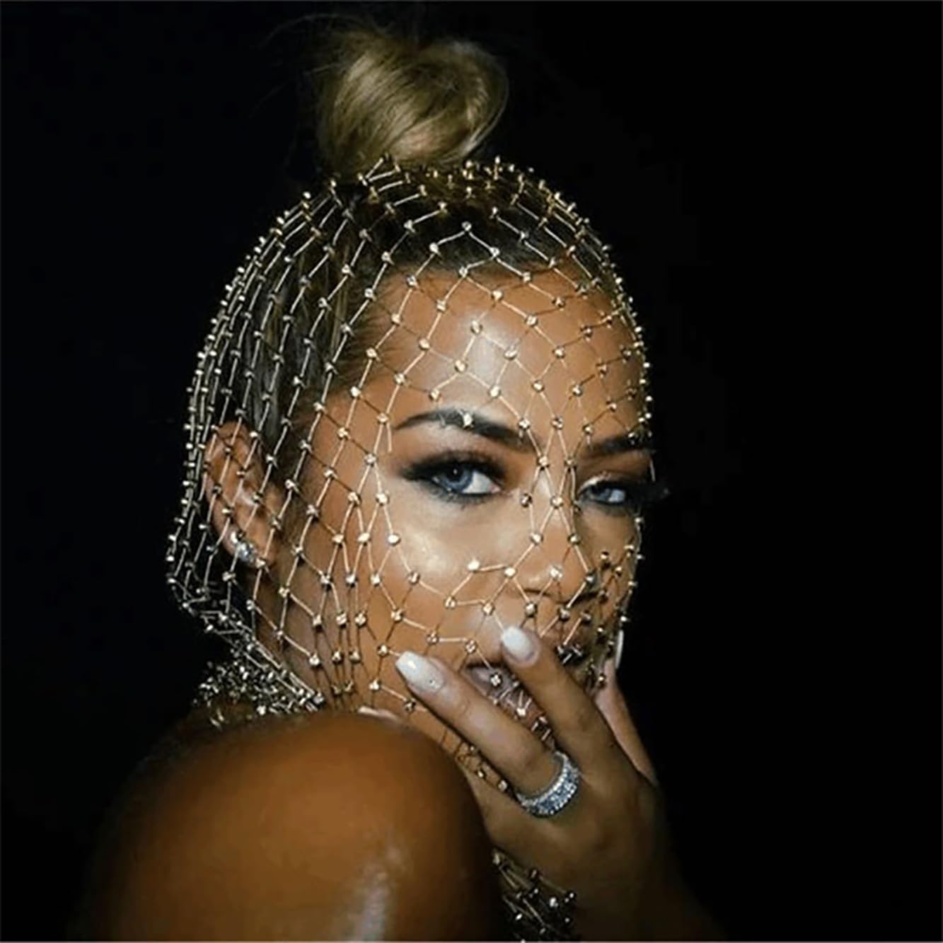 Ylucky Rhinestone Mesh Mask Crystal Glitter Nightclub Headwear Women Halloween Accessories Rave Party Head Cover Body Jewelry