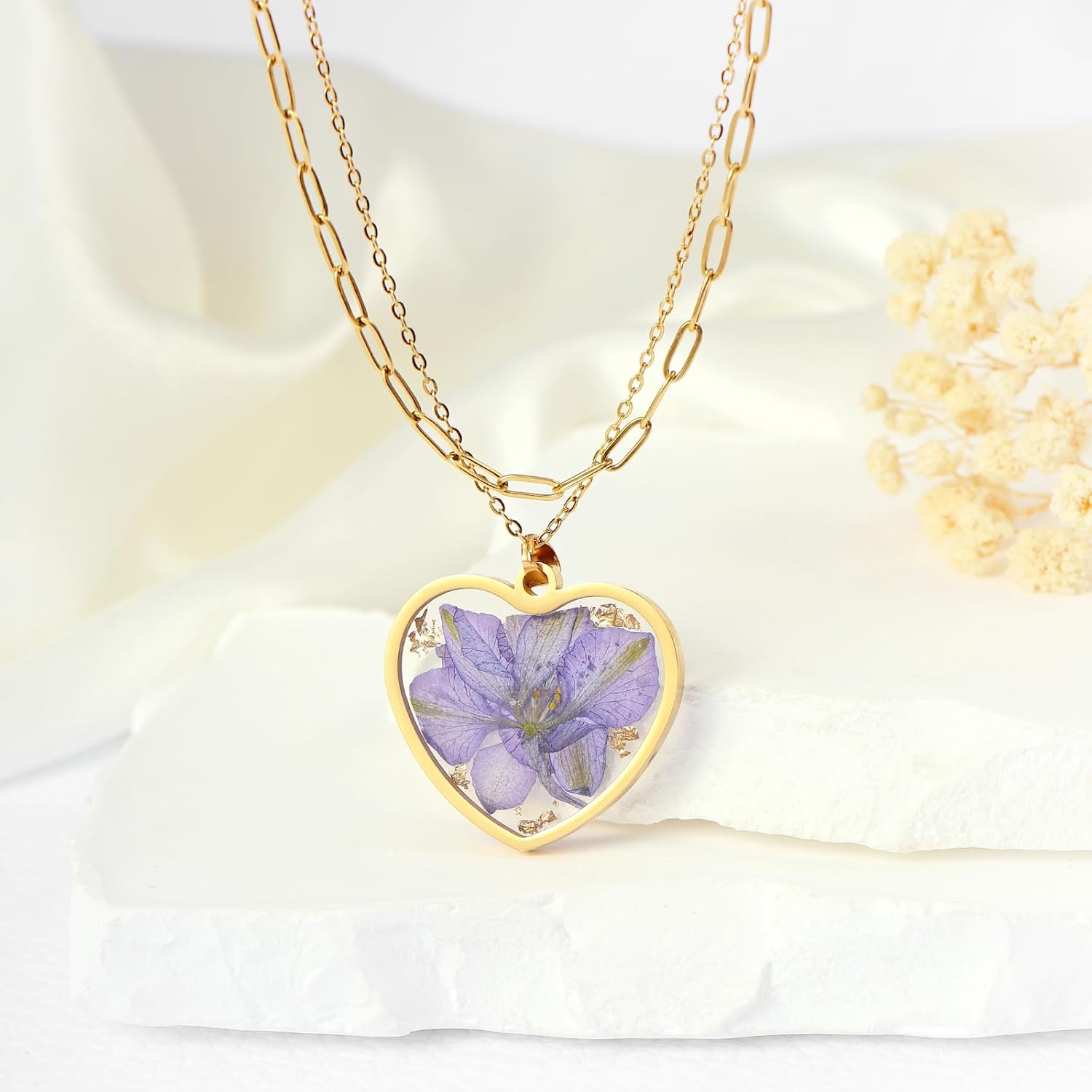 Lit Wall Birth Flower Necklaces for Women Gold 2Pcs 18K Gold Plated Handmade Pressed Flower Necklace Heart Shaped Birth Month Flower Necklace Flower Pendant Necklace Birthday Gifts for Women - Image 4