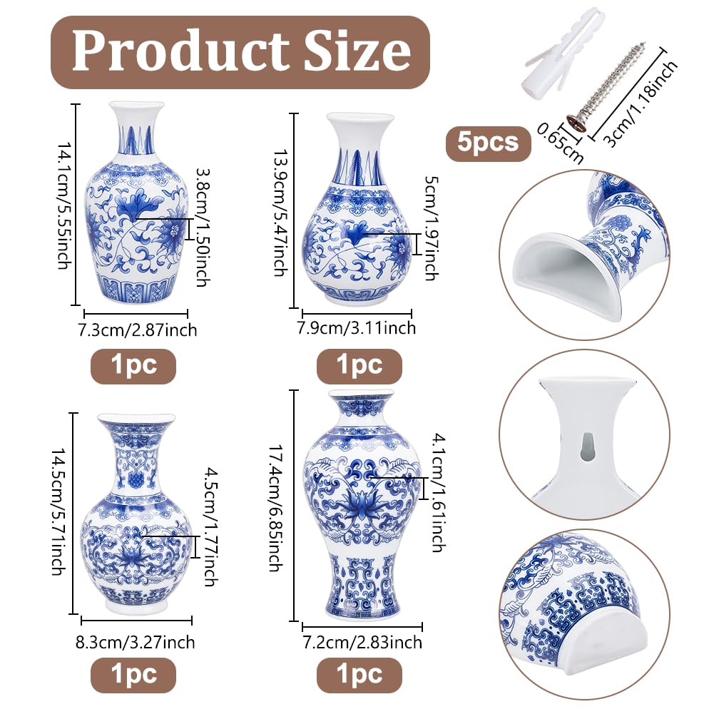 OLYCRAFT 4pz 4 stili Piccoli Vasi Cinesi Blu e Bianchi Vasi Decorativi In Ceramica Da Parete Vaso Da Fiori In Ceramica per Decorazioni per Interni Casa Fiori Secchi e Piante Finte Verdi