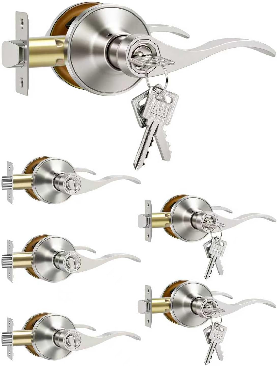 DPB 6Pcs Wave Interior Door Handle with Turn Lock and Keys, Silver Passage Door Lock, Heavy Bedroom and Bath Door Knobs for Right & Left Sided Doors (Lock and Key, Silver, 6Pcs)