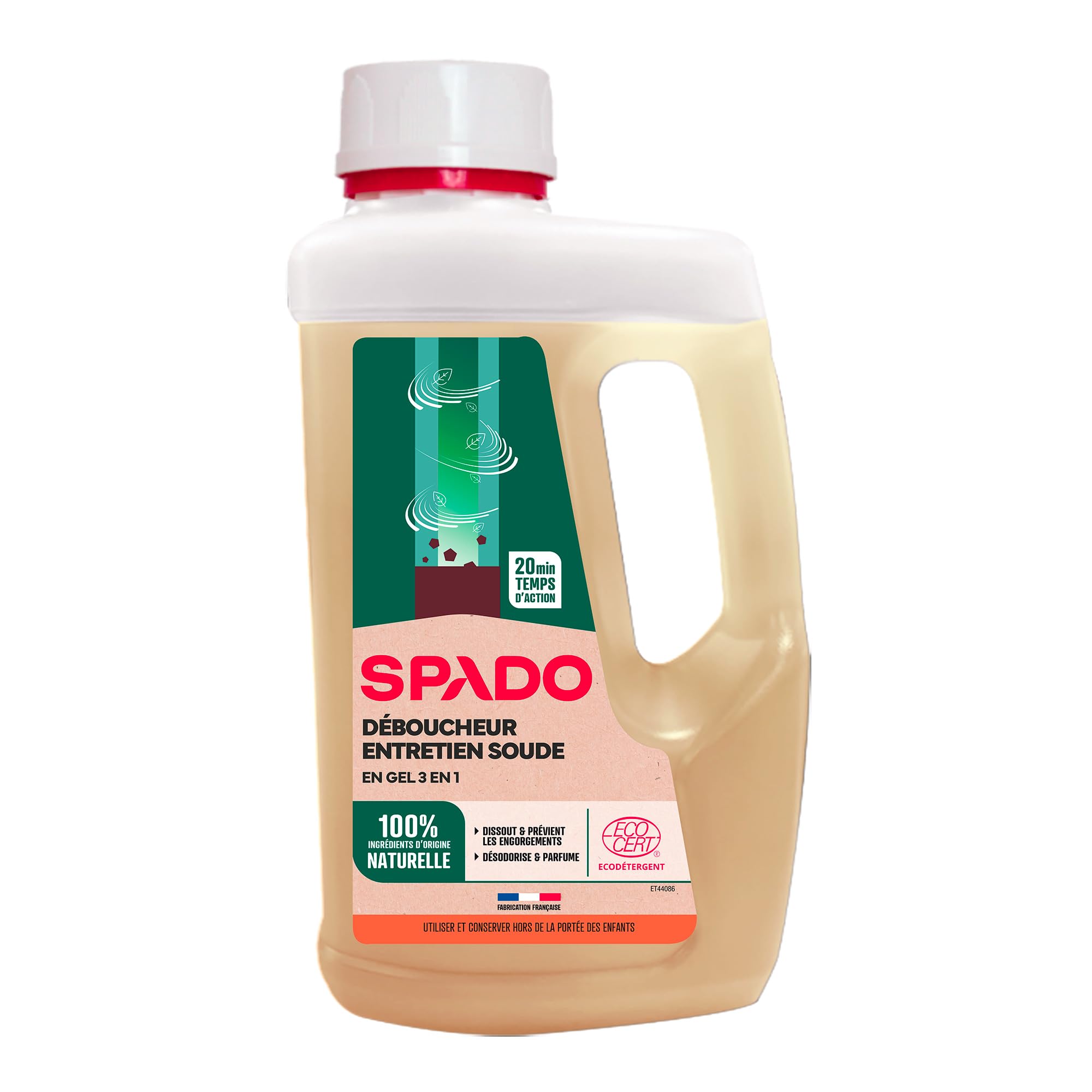 SPADO - Déboucheur et entretien 100% naturel - Action 3 en 1 - Prévient et élimine les bouchons, détruit les odeurs - Parfum menthe naturel - Ecocert - 1L - Fabriqué en France