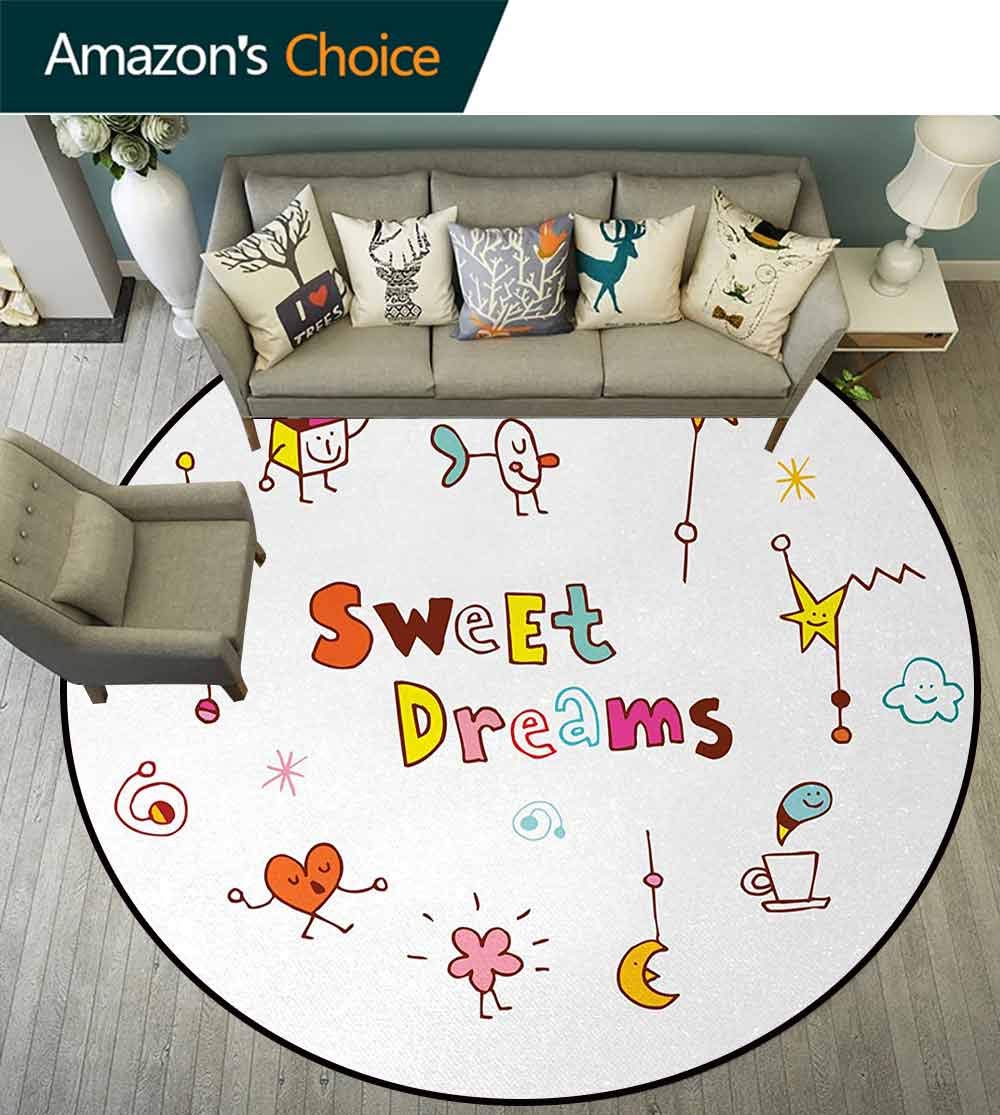 Sweet Dreams Dining Room Home Bedroom Carpet Floor Mat,Doodle Stars Box Crescent Moon Heart And Toys Colorful Sleep Themed Image Non Slip Rug Diameter-35 Inch,Multicolor