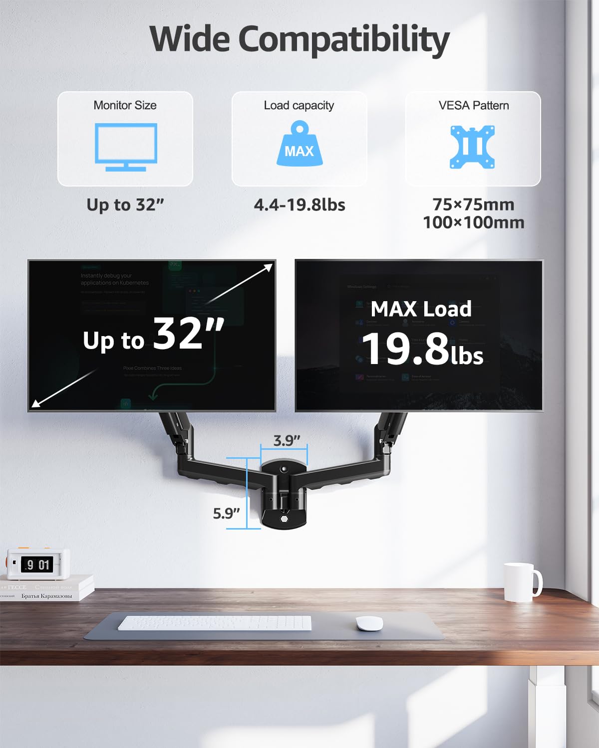 ELIVED Supporto da parete per monitor fino a 9 kg, VESA 75/100 mm, molla a gas PC, monitor Hatlerung a parete, girevole a 360°, doppio supporto per monitor EV6022