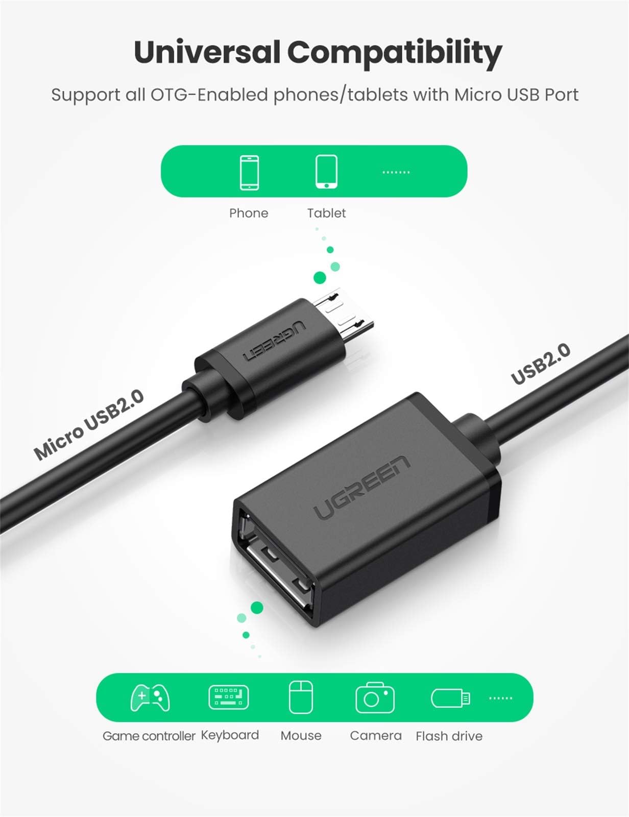 UGREEN OTG Cable USB Adapter Android Micro USB to USB 2.0 ON THE GO Adaptor compatible for Samsung S7 Edge/S7/S6/J7/J6/J5/J4+/Tab S2,Huawei P Smart/P8/Y7/Y6/Honor 8X,Sony Xperia XA/Z5,Moto G5/E5,LG Q6