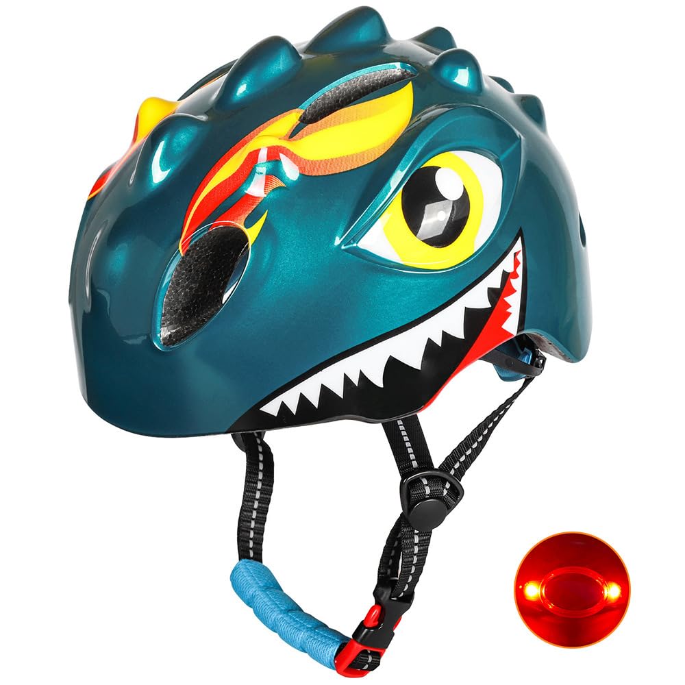 Kinder Fahrradhelm Dino Helme mit Licht - Leicht Jethelme für Kinder - Niedliche Cartoon 3D Kinderhelm zu Radsport Skateboading - Atmungsaktive Roller Helm für Jungen und Mädchen