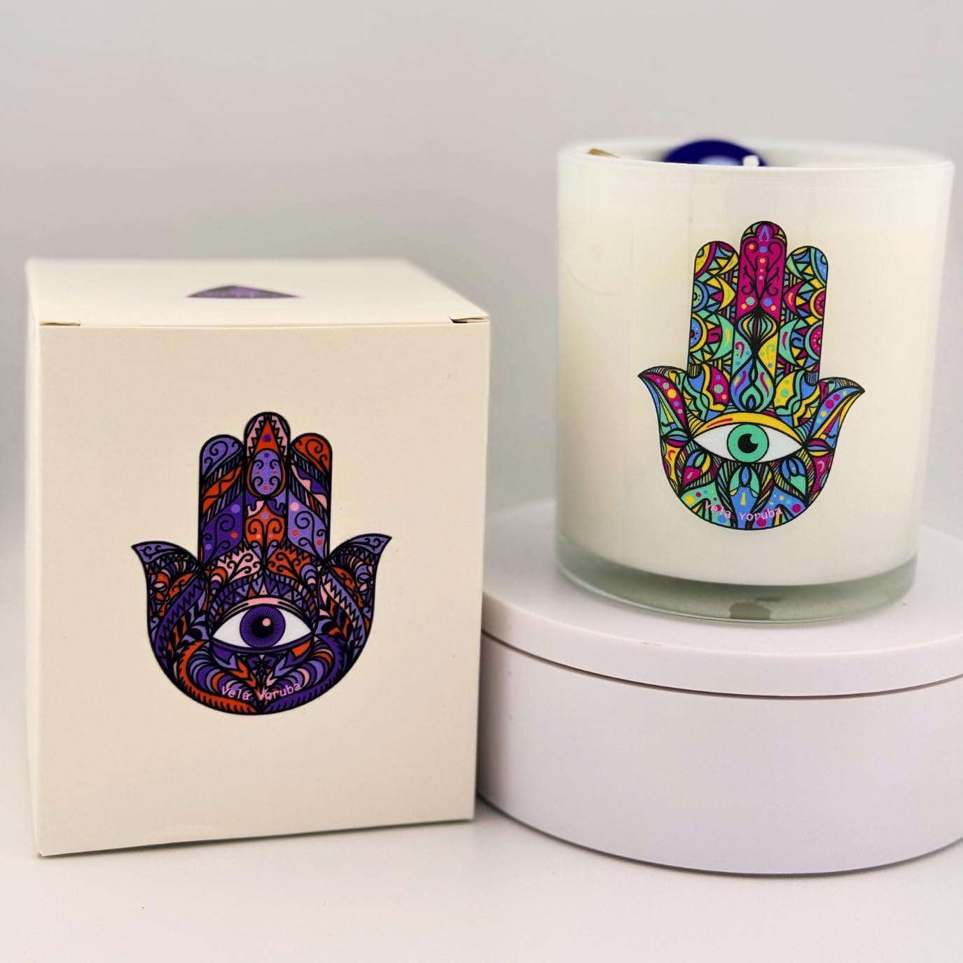 Vela del Ojo Turco y Mano de Fátima para Protección Espiritual, Buena Fortuna y Armonía. Evil Eye & Hamsa Hand Candle for Spiritual Protection, Good Fortune & Harmony.