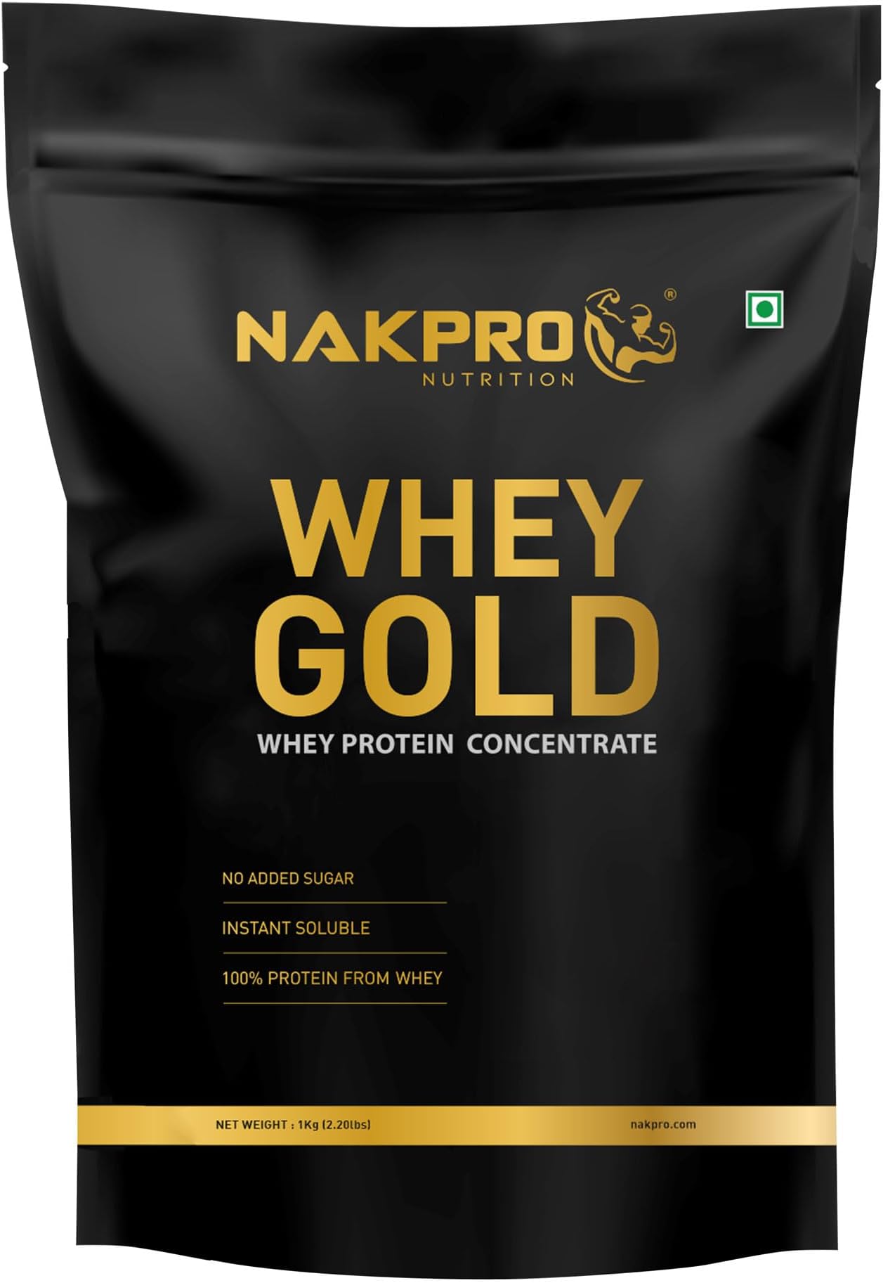 NAKPRO Gold Whey Protein Concentrate 80%, 1kg Unflavoured | 28g Protein, 6.2g BCAA | Trustified Certified 100% Authentic Supplement Powder & No Adulteration | Fast Absorbing Whey Protein Powder
