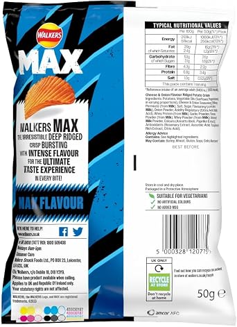 Walkers Max Cheese & Onion Crisps 50g (pack of 24)