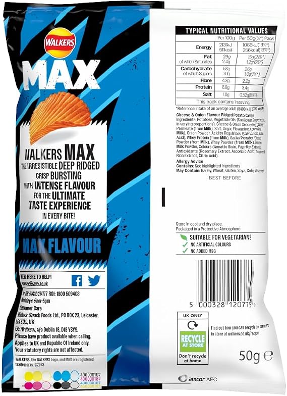 Walkers Max Cheese & Onion Crisps 50g (pack of 24)