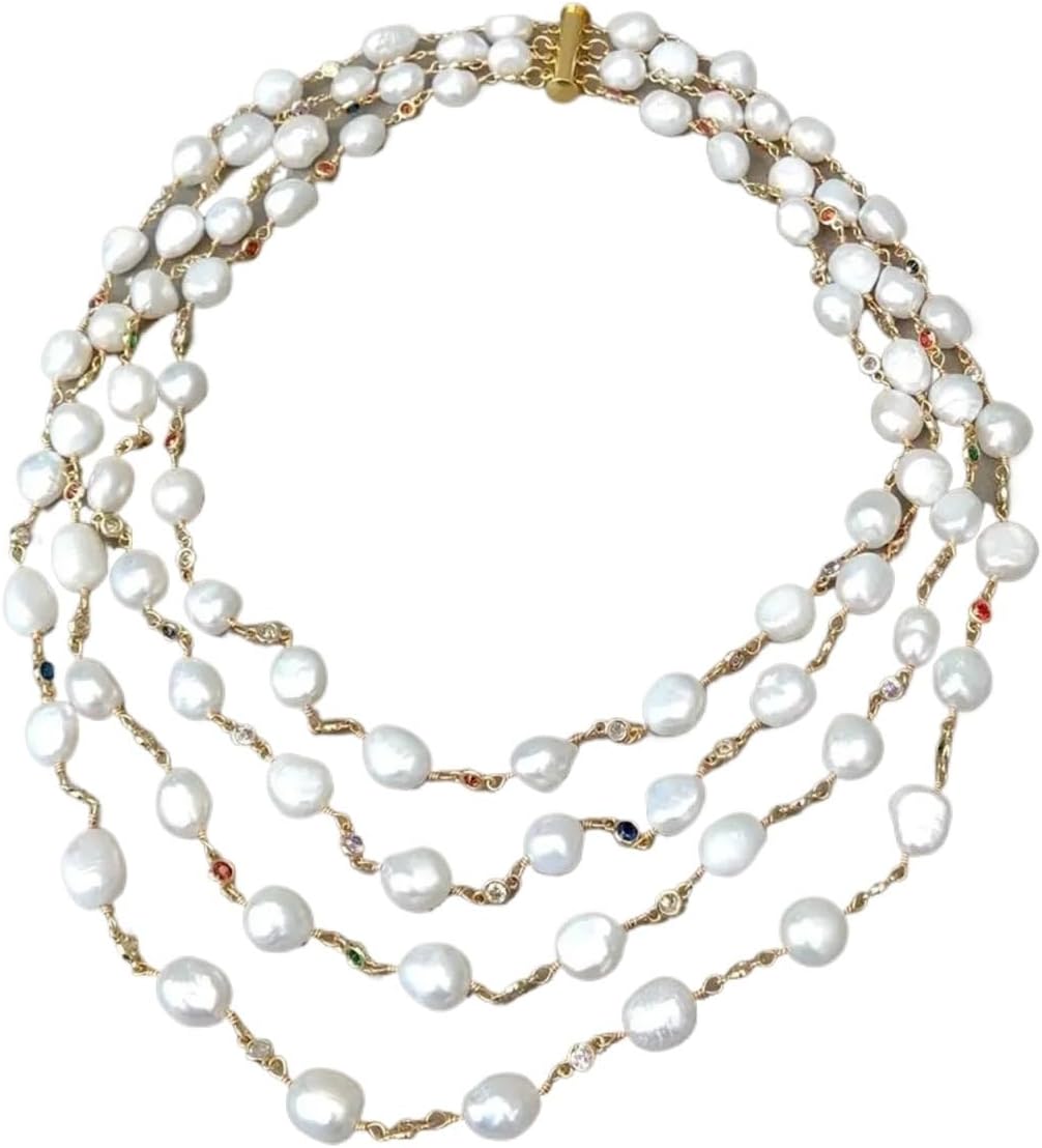 18" 4 Strands Freshwater White Baroque Pearl Multi Color Necklace Handmade Party Wedding For Women