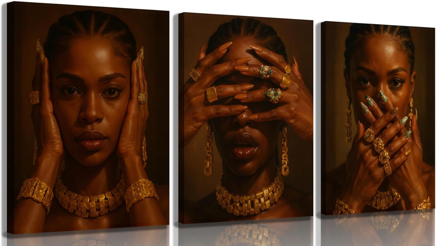 3Pcs Black Girl Wall Art Fashionable African American Black Female Painting Picture Wall DÉCor Abstract Aesthetics Black Girls Gestures Poster Print Artwork For Living Room Bedroom 16x24Inch Framed