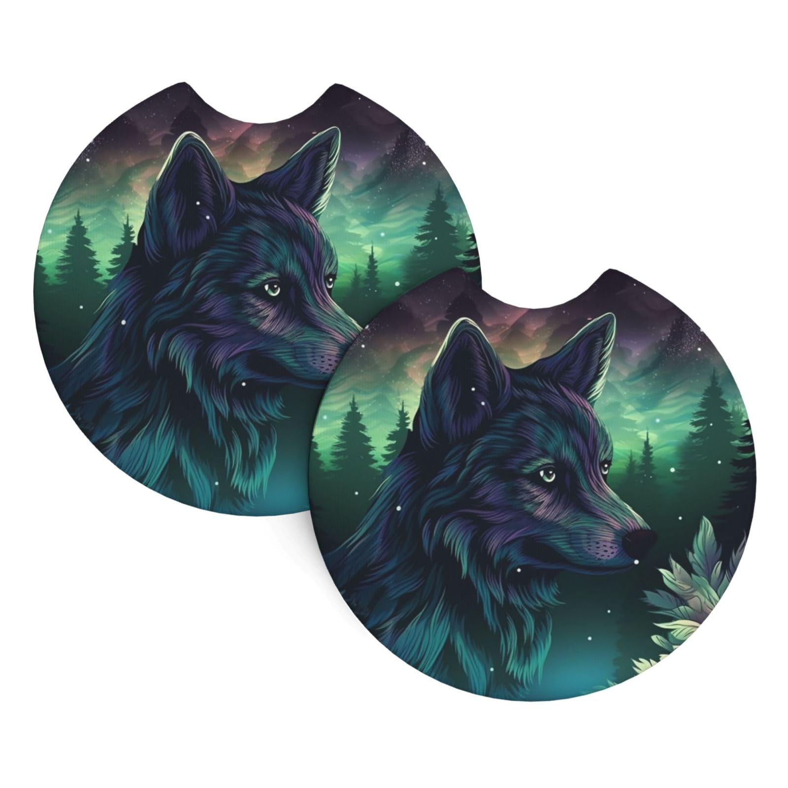 2 Pack Car Coaster for Cup Holders Forest Wolf Car Cup Coaster 2.7" Neoprene Non-Slip Automotive Cup Mat Universal Auto Car Interior Accessories for Women Men Cup Pad