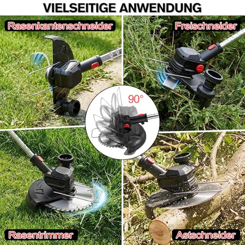 SMILOVII Rasentrimmer mit Akku 21V, 4-in-1 Freischneider & Motorsense 24000 RPM, Rasenkantenschneider inkl. 2X 2.0Ah Batterien, Rädern, 90° drehbarer Kopf & LCD-Anzeige (Profi-Serie)