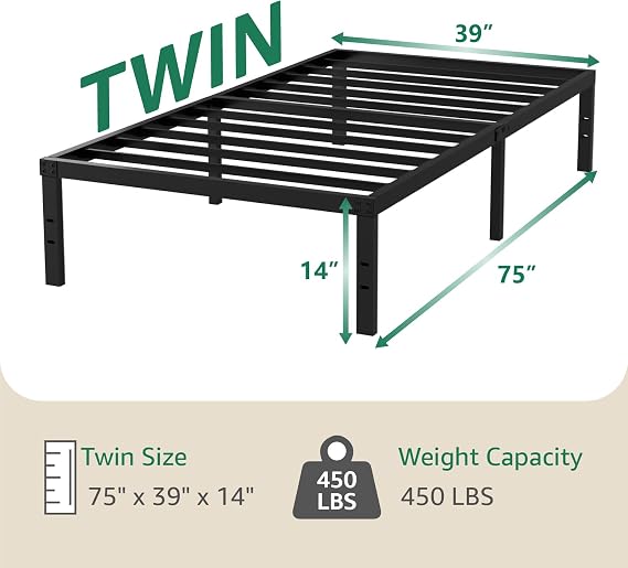 Metal Platform Bed Frame - Small Package Practical Iron 14 H Bed Frame Twin Size No Box Spring Needed Durable Frame, Black