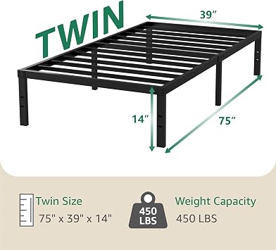 Metal Platform Bed Frame - Small Package Practical Iron 14 H Bed Frame Twin Size No Box Spring Needed Durable Frame, Black