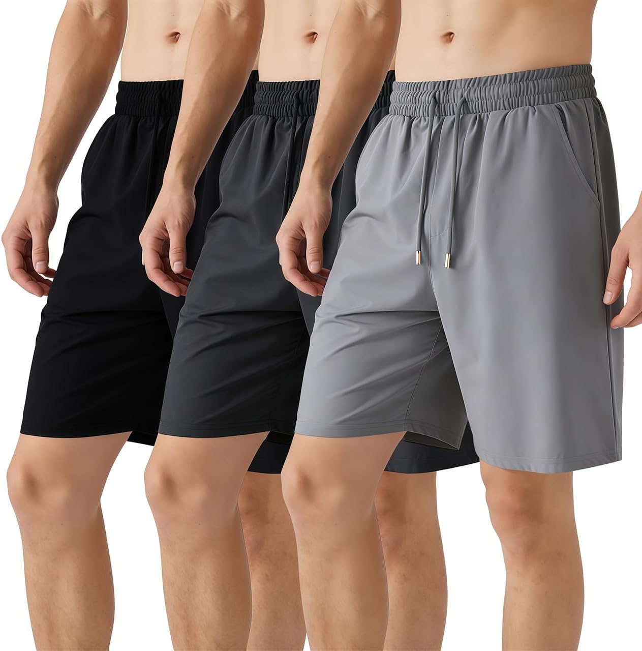 3 Pack Athletic Shorts for Men with Pockets Men's Casual Shorts Elastic Waist Drawstring Quick Dry Activewear