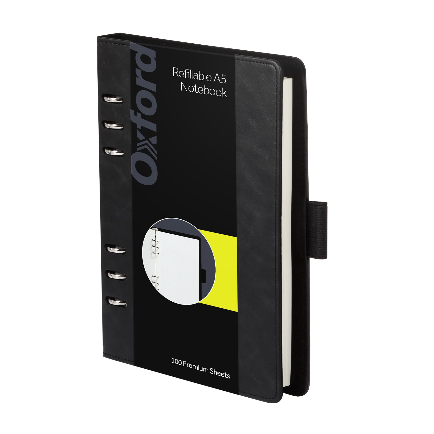 6-Ring Professional Notebook, 7 x 22.8 cm, Refillable Ivory Paper, 100 Sheets, Black Faux Leather Cover (90004)