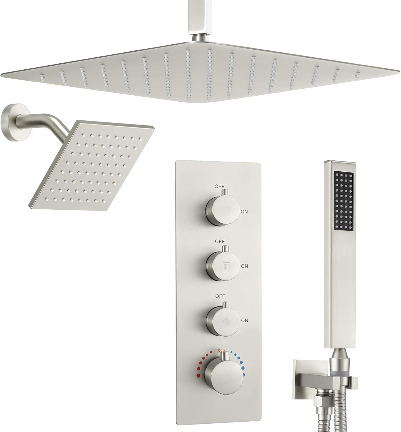 16" Thermostatic Dual Rainfall Head Shower System with Handheld & Valve, 16” Ceiling Shower Faucet Set with 6-Inch Shower Head, JetsBath Brushed Nickel Full Body Shower System for Couples/ 2-Person
