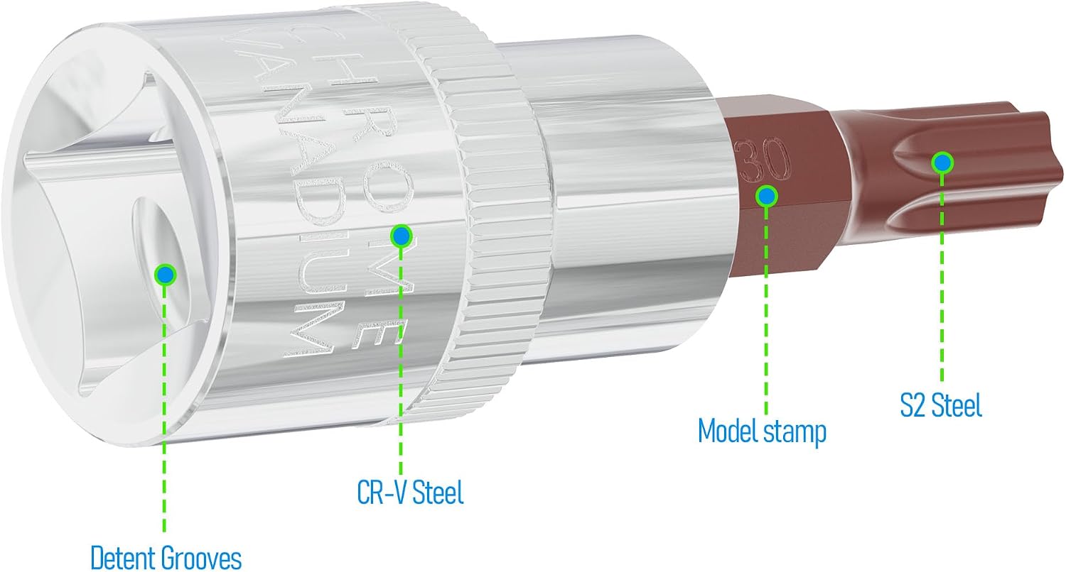 3PCS 3/8" Drive T30 Torx Bit Socket, S2 Steel Bits, Heat Treated CR-V Steel Star Sockets 1.9" Length