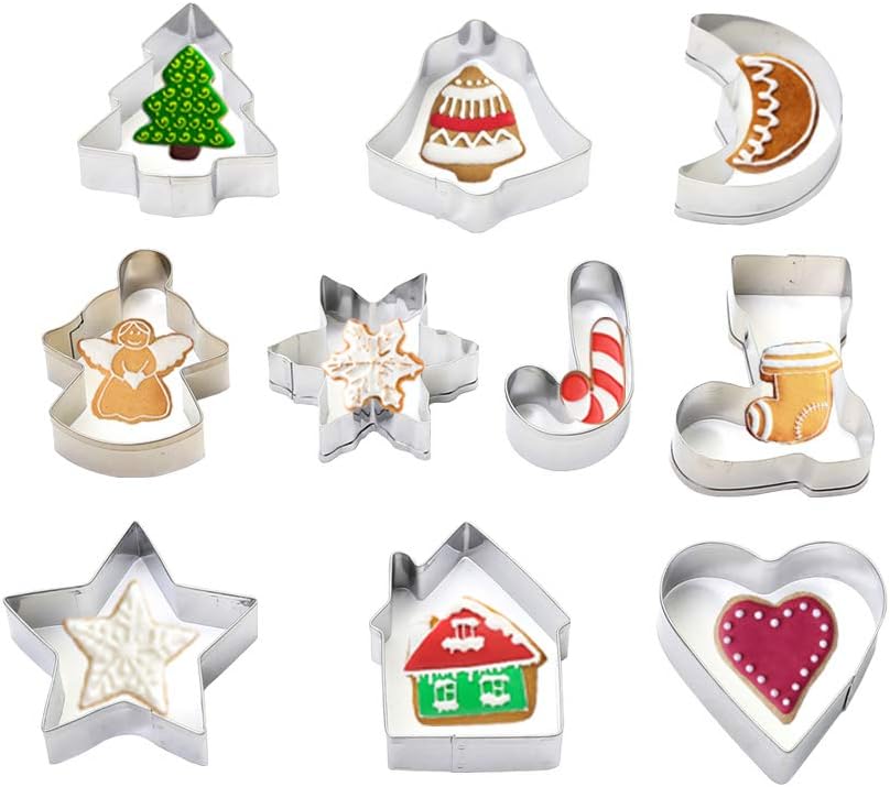 10 Pieces Christmas Cookie Cutters Set Biscuit Cutters (Christmas Trees Snowman Bell Snow Boot Stocking House Moon Star Heart Shapes) for Kids Stainless Steel by KAISHANE