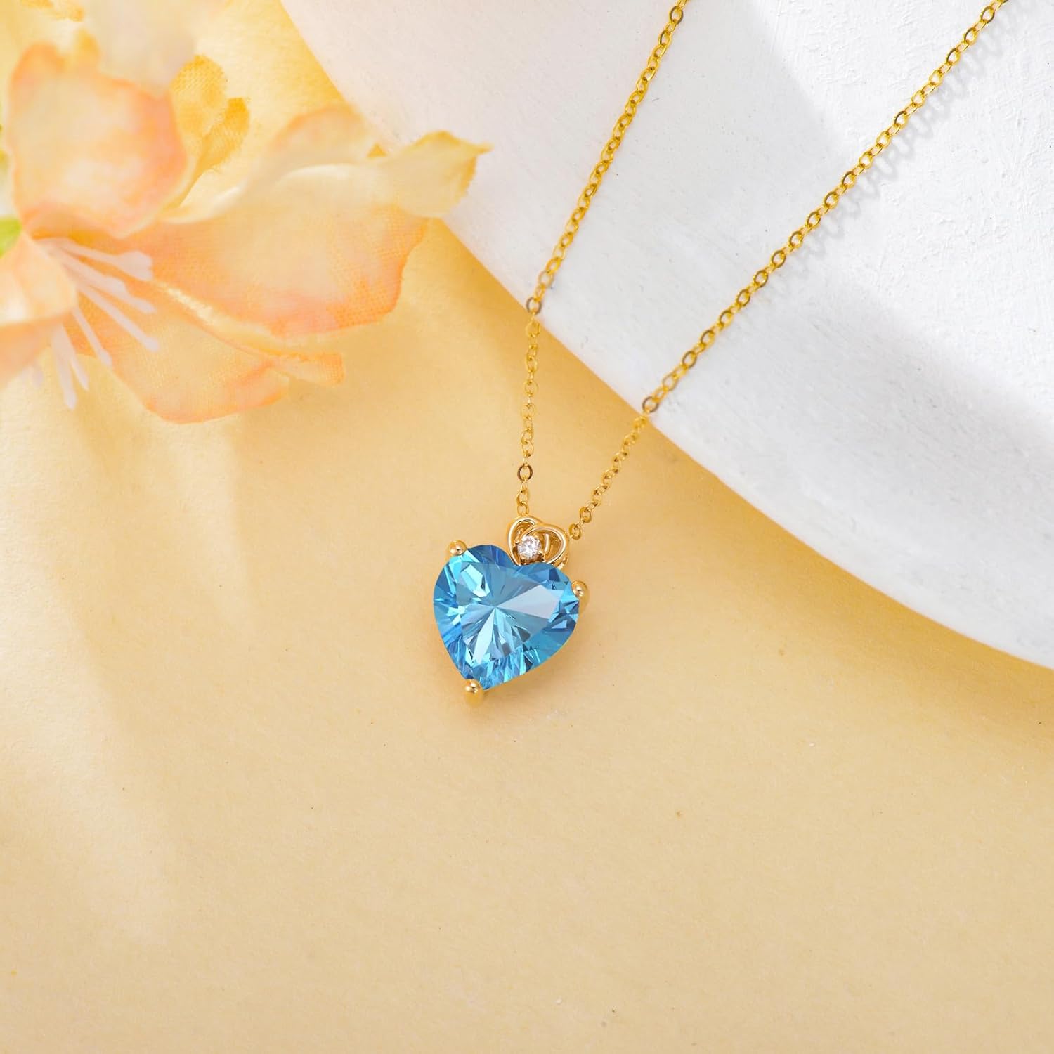 14k Gold Love Heart Gemstone Birthstone Necklaces for Women 3 Carat Heart-cut Created Birthstone Anniversary Birthday Mother's Day Pendant for Her 16+1+1 inch - Image 3