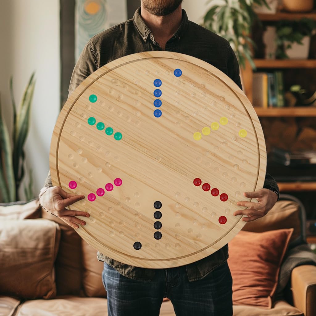 Juego de mesa de mármol Wahoo de doble cara, juego familiar de madera maciza para 4 a 6 jugadores con 24 piezas de mármol natural, 6 dados y revestimiento impermeable, juego de estrategia de madera de