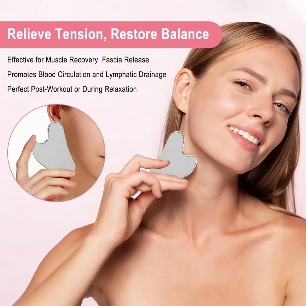 4-in-1 Gua Sha Facial Tool Set, Stainless Steel Facial & Body Scraping Massage Tools for Lymphatic Massage, Includes Eye Massage Stick and Velvet Storage Bag, Skin Care Gift