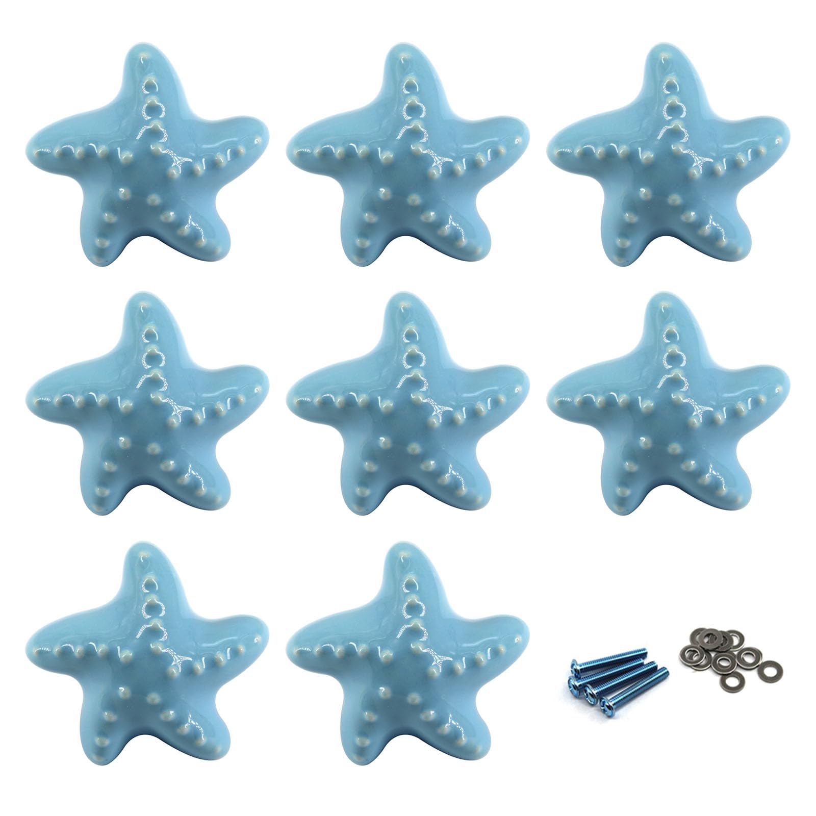 Zerniple Blue Ceramic Door Knobs Starfish Shape Drawer Pull Handle for Kids Room Cabinet Cupboard Wardrobe Knobs (Come with Screws and Shims)
