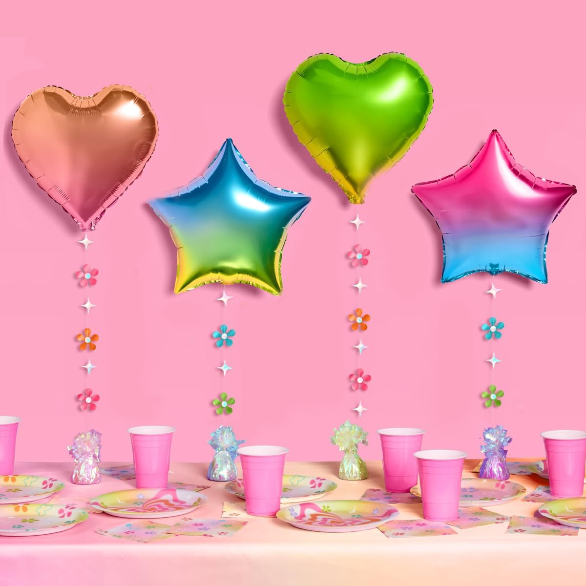 xo, Fetti Groovy Rainbow Foil Balloon Pack - 4 Pack | Flower Birthday Decorations, Unicorn Kids Party, Heart Decor, Cute Star Supplies
