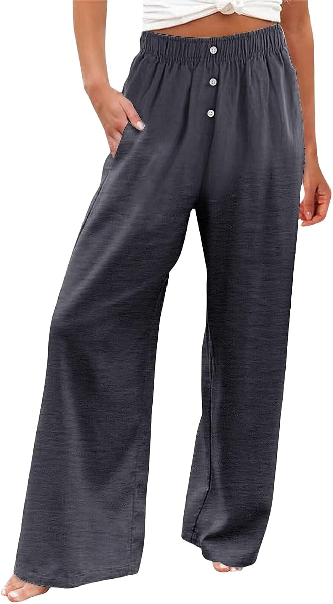 Summer Linen Pants for Women Casual High Waist Wide Leg Palazzo Pants Fashion Straight Leg Trousers Loose Fit Work