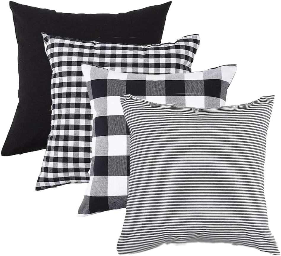 Throw Pillow Covers Set of 4, Plaid Pattern 18 X 18 Throw Pillow Covers Couch Sofa Pillow Covers Square Decorative Pillowcase for Sofa Bedroom Living Room Black