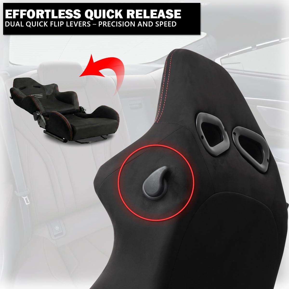 Spec-D Tuning Black Premium Suede, Red Stitching, Fully Reclinable Racing Seats w/Dual Sliders, 4 Point Harness Compatible, Left + Right Pair 2 Seats