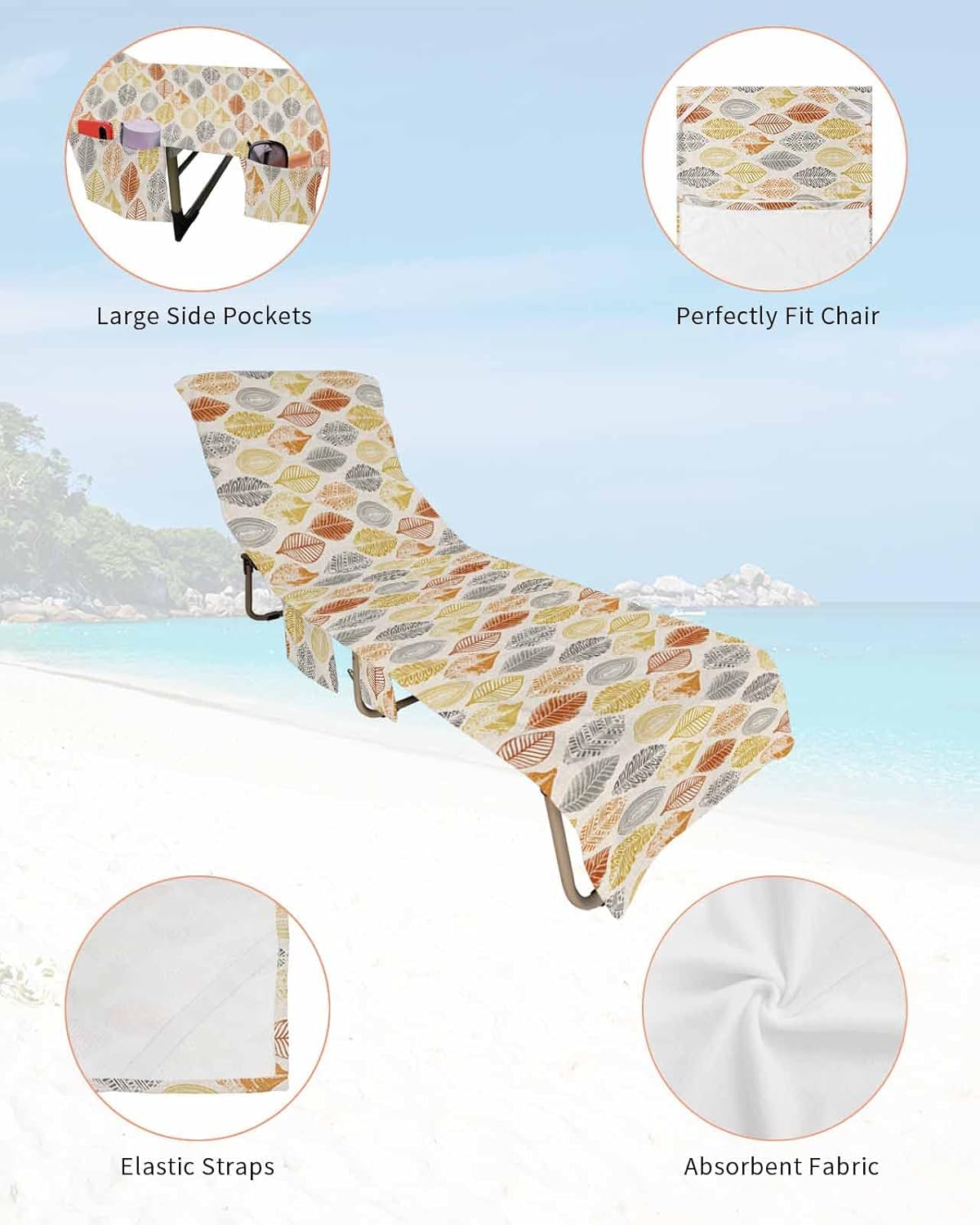 Leaves Watercolor Beach Pool Patio Lounge Chaise Chair Cover Towel With Pockets,Absorbent & Quick Dry Microfiber Towel Cover Bag Summer Accessories for Sunbathing Orange Yellow Grey Fall Leaf