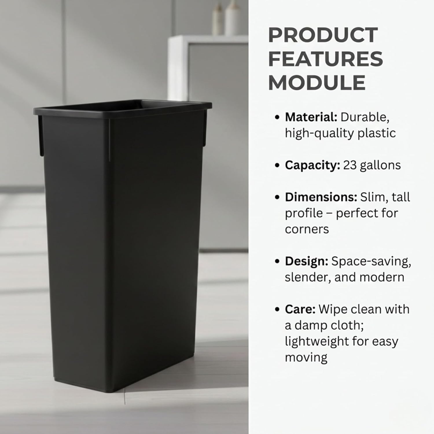Slim 23 Gallon Trash Can – Black Plastic Tall Kitchen Garbage Bin – Slender Space Saving Design
