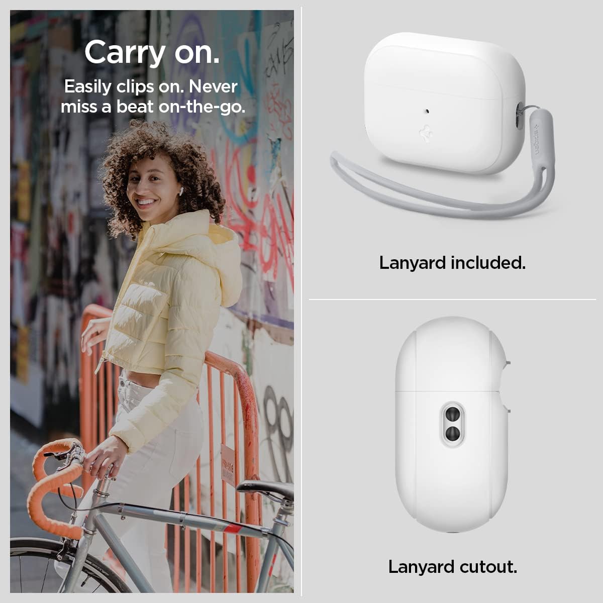 Spigen Silicone Fit Designed for Airpods Pro 2nd Generation Case (2022) Airpods Pro 2 Case with Lanyard Strap - White/Gray