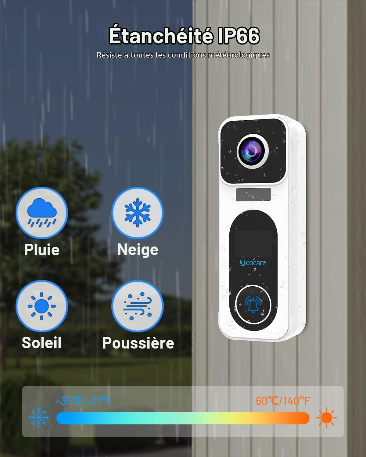 UCOCARE 4MP Sonnette sans Fil avec Camera, Sonnette sans Fil Exterieure Etanche avec Carte Mémoire de 32 Go, Visiophone sans Fil, Aucuns Frais Mensuels, Détection Humanoïde, Alerte Instantanée