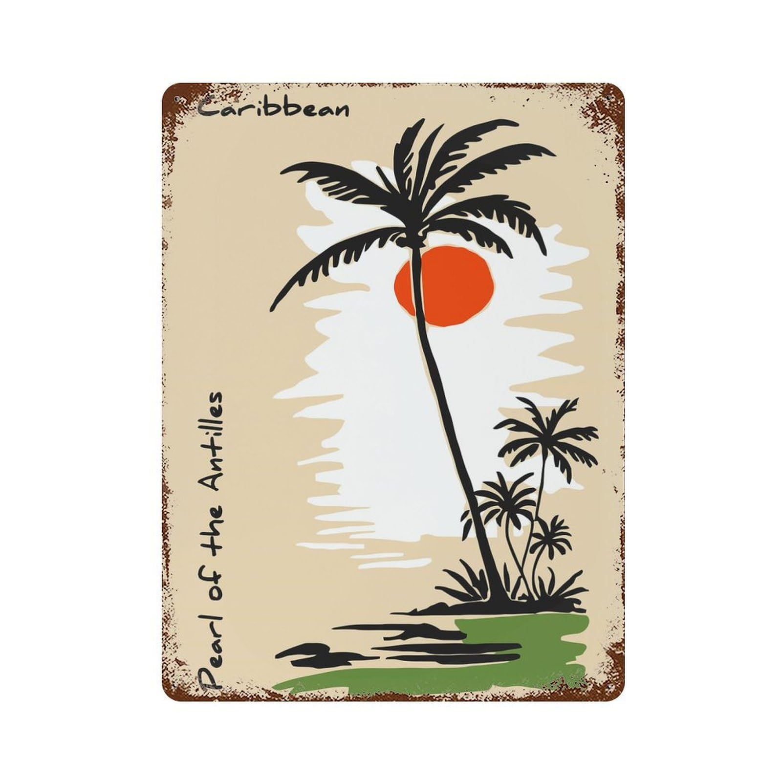 Caribbean Palm Trees And Sunset Rust Effect Tin Sign 15.7"x11.8", Vintage Wall Decor for Pub, Kitchen And Man Cave Decor