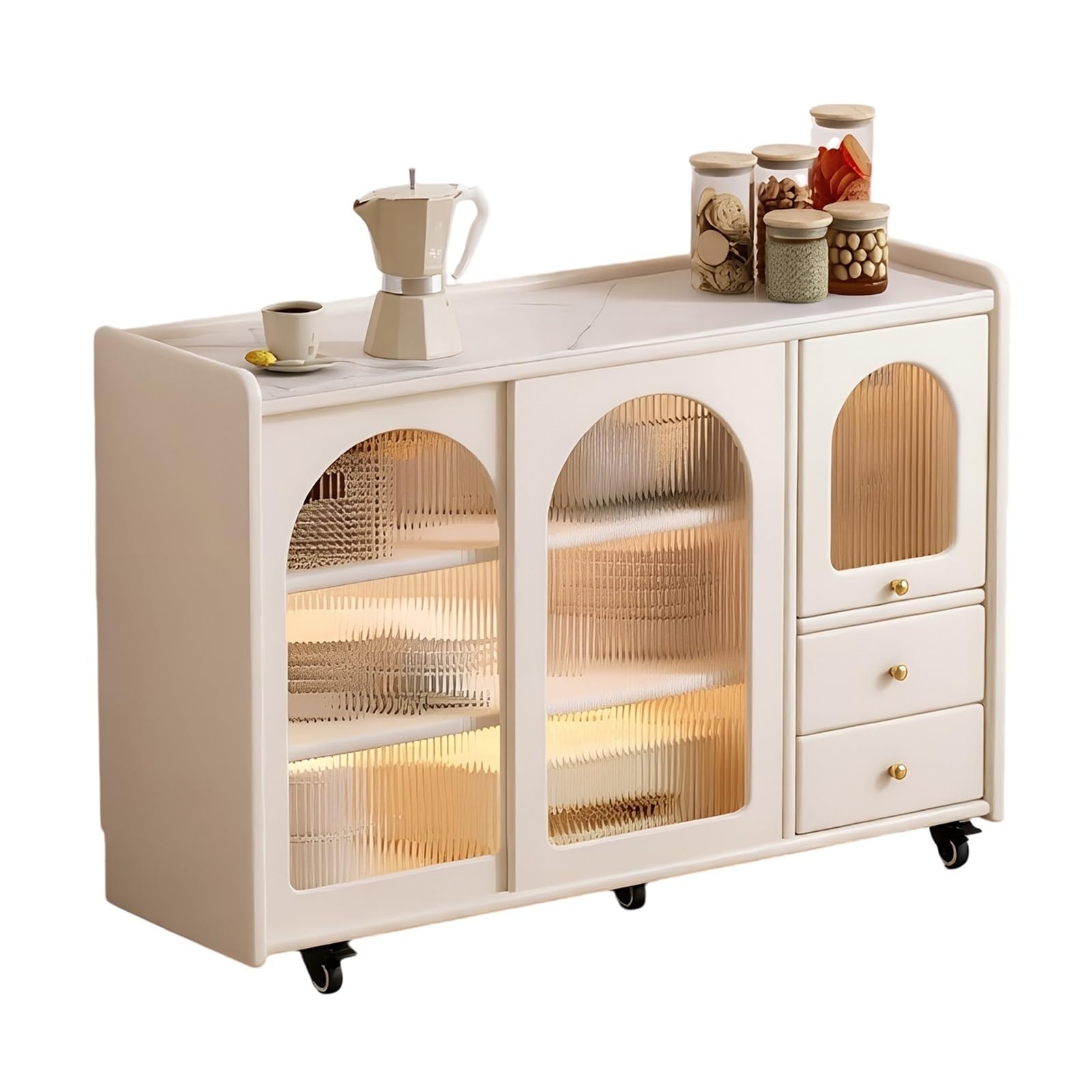 Carrello da cucina Credenza a isola con cassetti, ante in vetro scanalato e ruote con serratura(L)