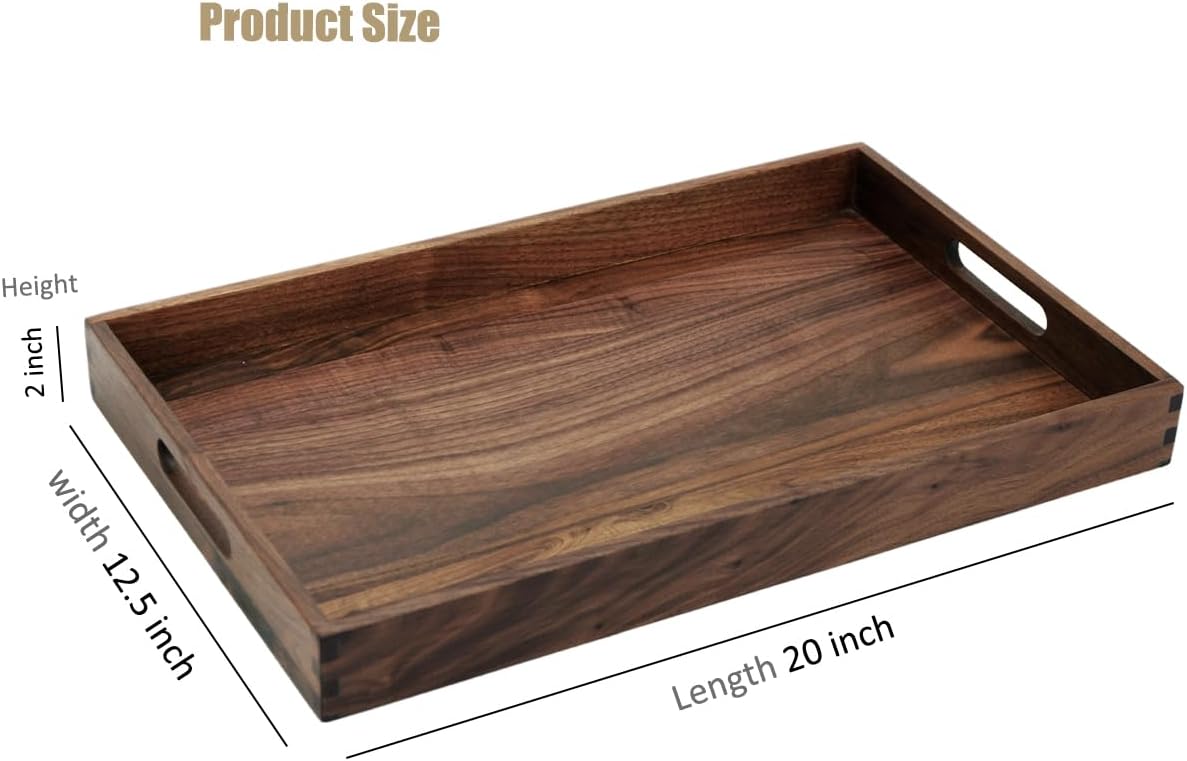 20 x 12.5 Inches Medium Rectangle Black Walnut Wood Ottoman Tray with Handles, Serve Tea, Coffee or Breakfast in Bed, Classic Wooden Decorative Serving Tray