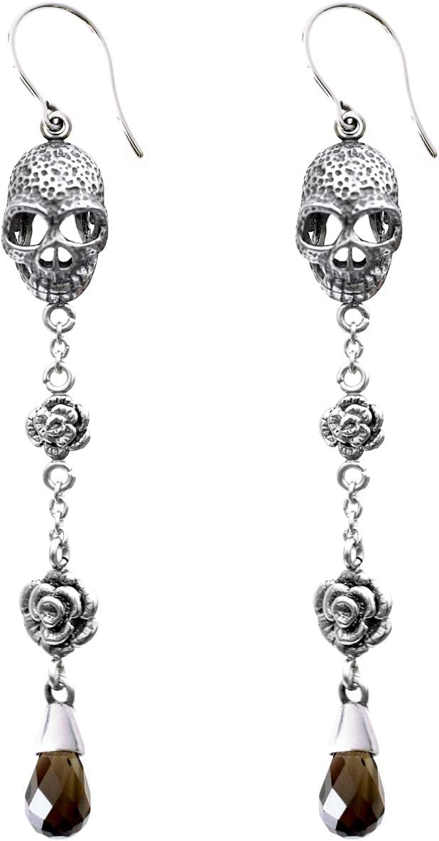 Skull and Rose Earrings Design with Smoked Quartz Teardrop