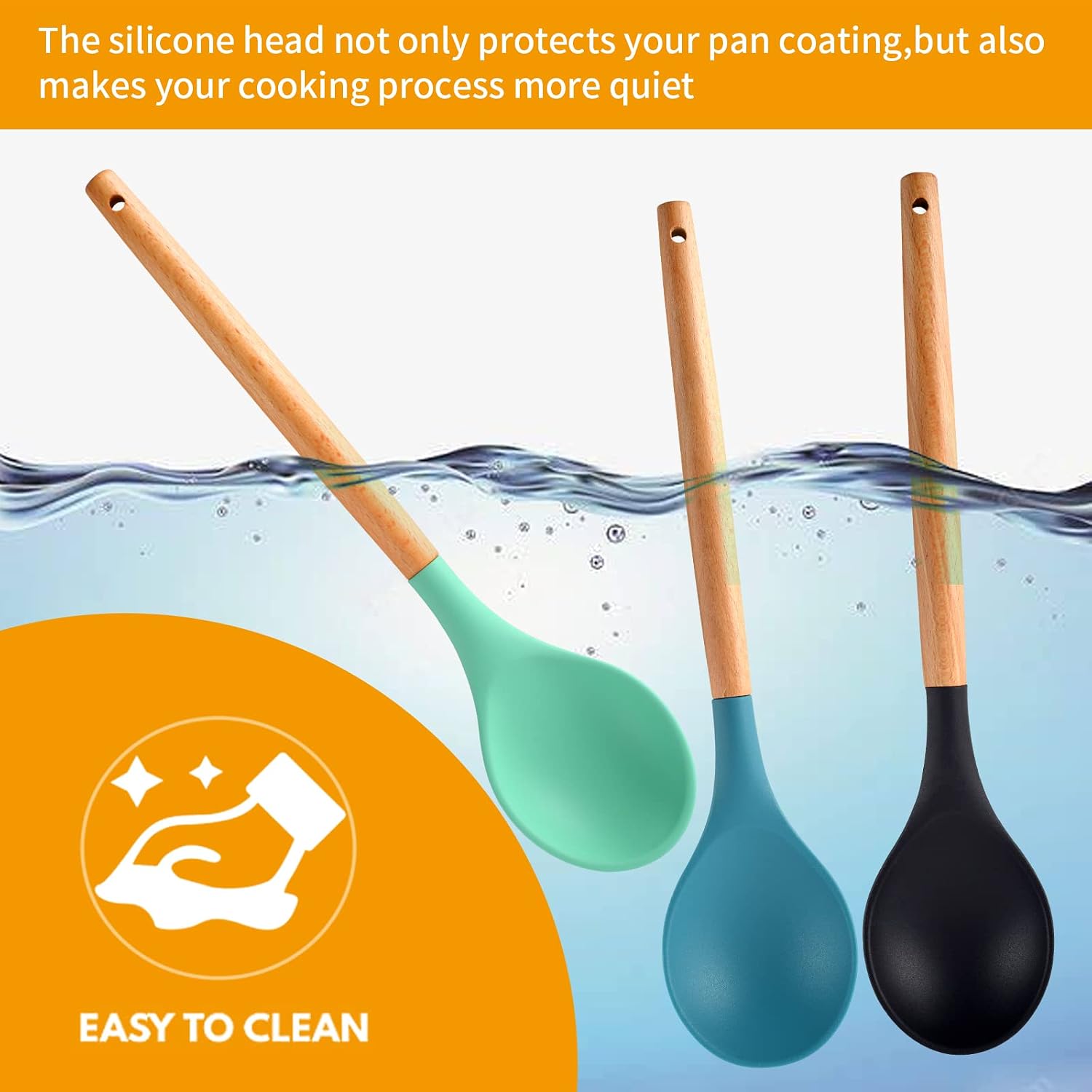 3 Pcs Large Silicone Wooden Handle Mixing Spoons - Nonstick Heat-Resistant Kitchen Mixing Tools (Green, Blue, Black)