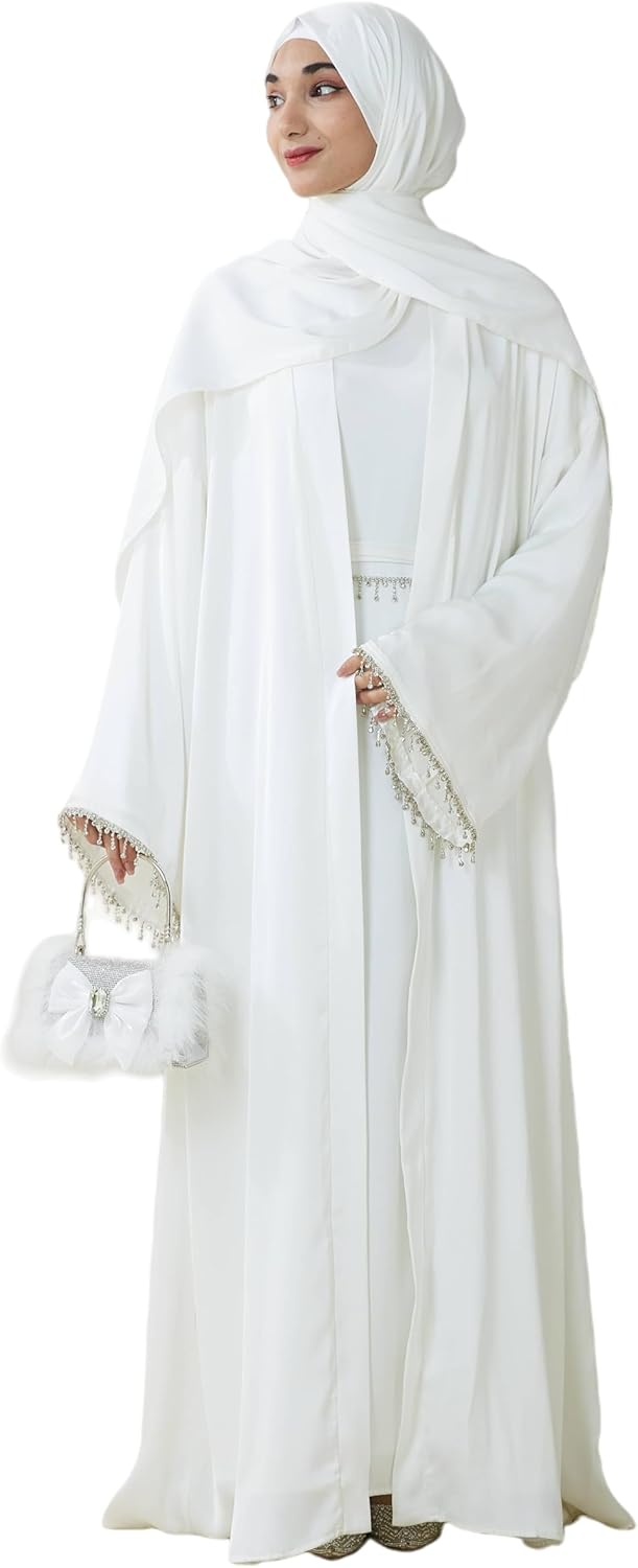 Abaya Set for Women 4 Piece Satin Elegant Abaya Dress with Belt and Hijab Wedding Eid Mosque Formal Wear