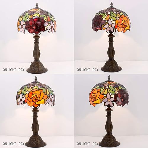 Miniatura 9 de WERFACTORY Lámpara de mesa estilo Tiffany, lámpara de noche de vidrieras, luz de lectura de escritorio de rosa roja, 10 x 10 x 18 pulgadas,