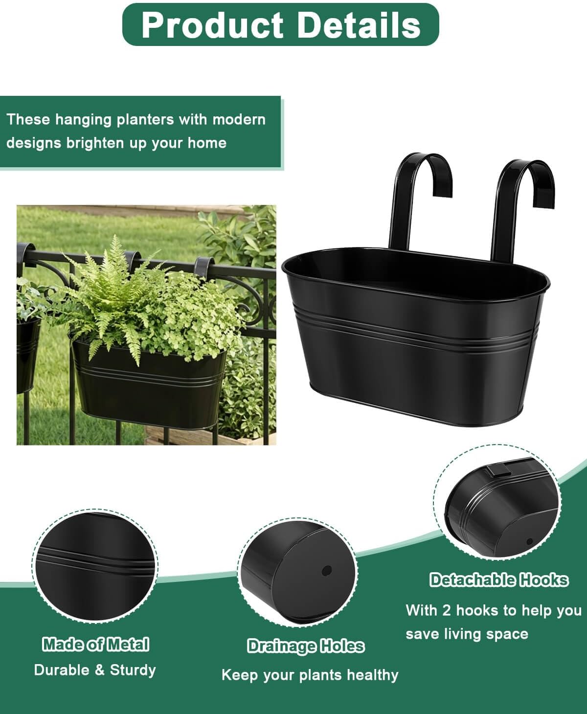 Metal Railing Planters for Outdoor Plants - 5 Pcs Balcony Hanging Flower Pots with Detachable Hooks & Drain Holes, Windowsill Oval Hanging Bucket Pots Fence Planters for Garden Home Decor, Black