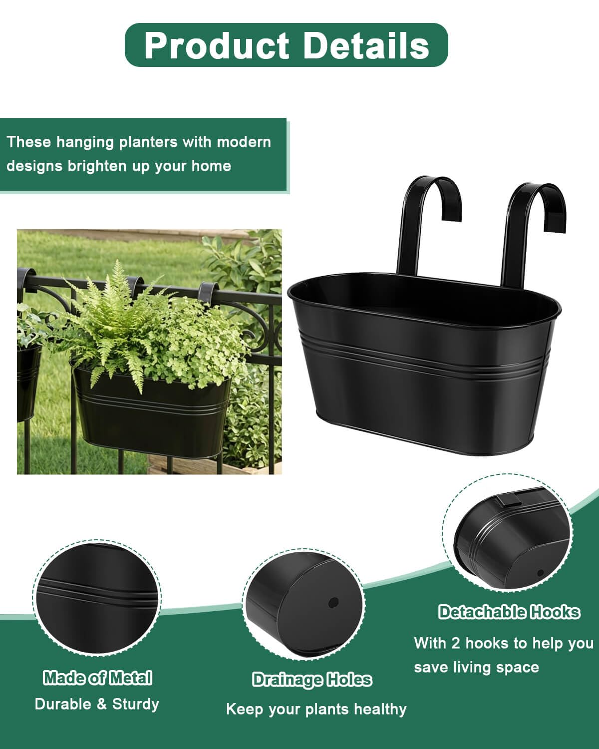 vensovo Maceta de metal para plantas al aire libre, paquete de 5 macetas colgantes para balcón con ganchos desmontables y agujeros de drenaje, ovaladas, para decoración del hogar y jardín, color negro