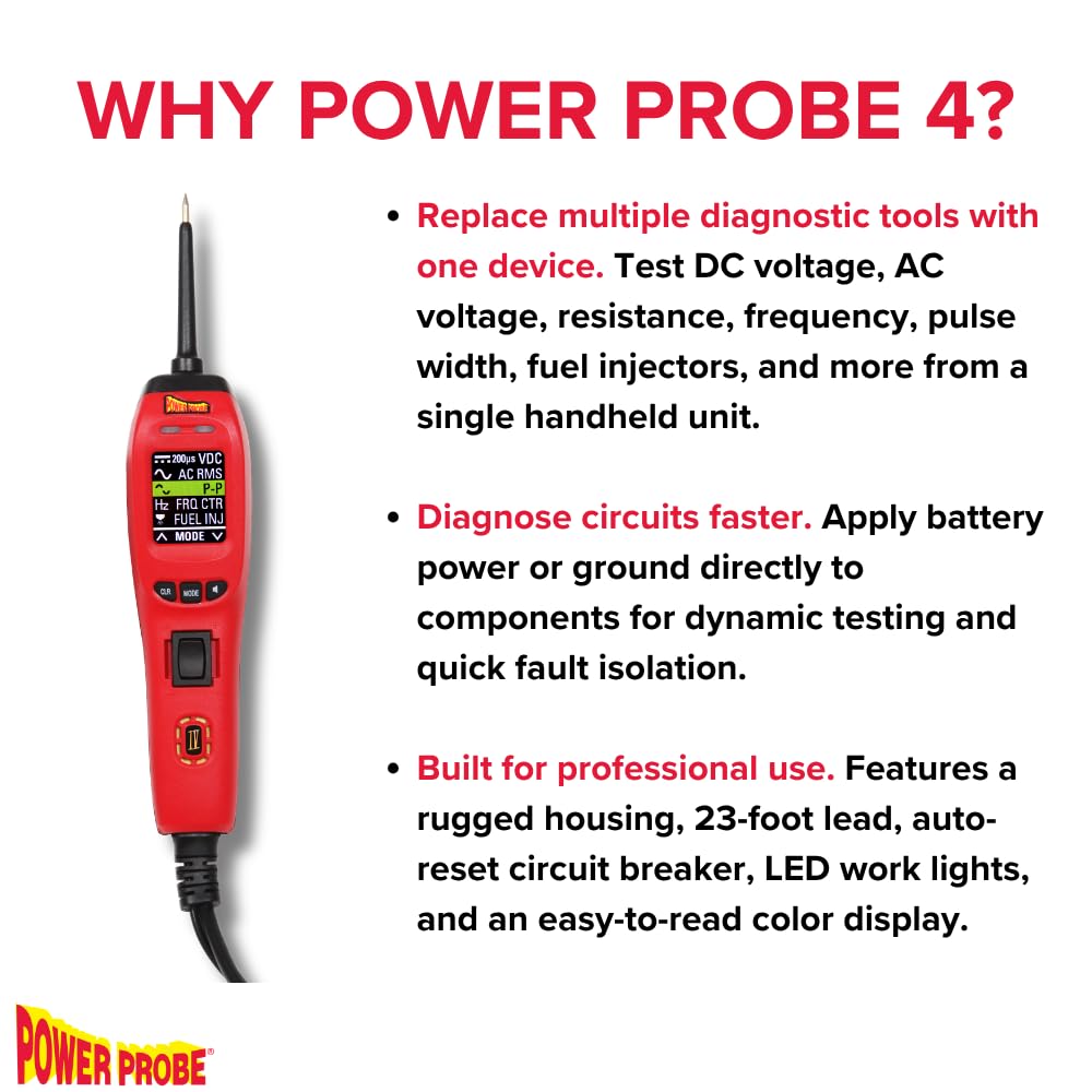 Power Probe 4 PP401AS Stromkreistester mit Farb-LCD-Multimeter | Strom und Masse an der Spitze, 8 Modi, Farb-LCD, Einspritzdüsen- und Treibertest, 7m Kabel, 8A Auto-Reset, 12-24V