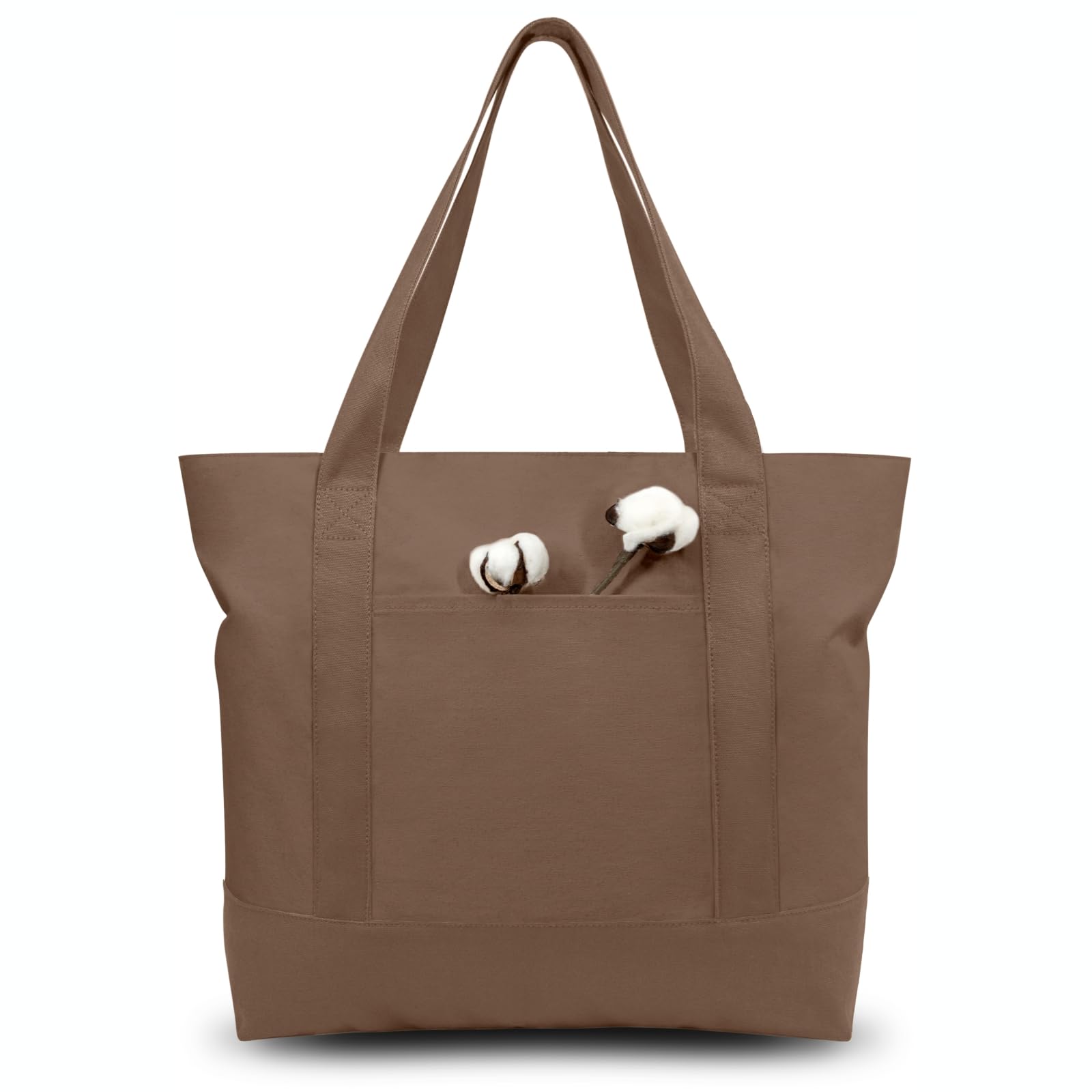 TOPDesign 3-Pack Canvas Tote Bags with an External Pocket, Reusable Grocery Shopping Bags, Top Zipper Closure, Daily Essentials (Brown) Brown 3