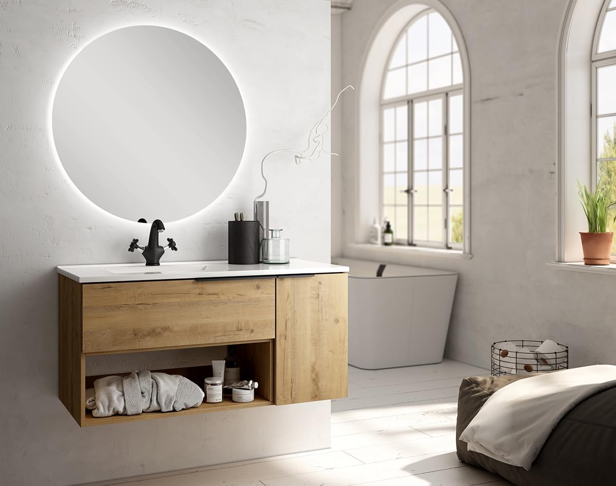 Aquore | Conjunto de Baño OBAN Supendido 2 Cajones y 1 Puerta | Mueble de Baño Suspendido con Lavabo Incluido | Estilo Moderno (Roble Ostippo, 120 x 45 x 48 cm)